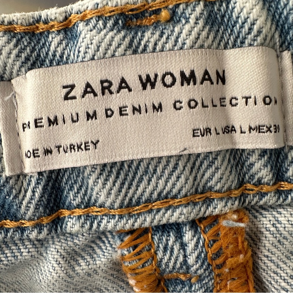 ZARA Premium Denim Light Wash Midi Skirt Raw Hem Front Slit Size L - Picture 12 of 16